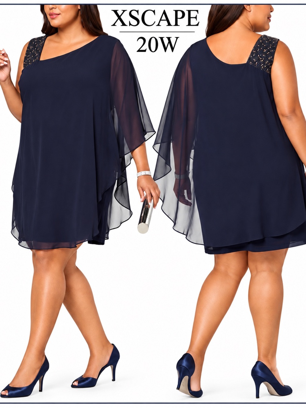 XSCAPE 882K Navy Chiffon Poncho Dress Beaded Capelet Plus Size 20W NWT